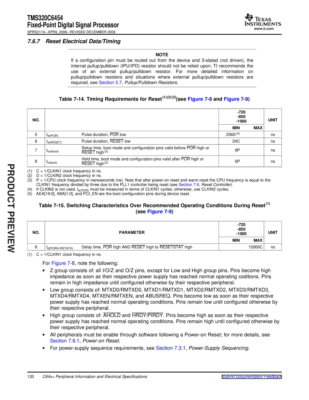 Texas Instruments TMS320C6454 Reset Electrical Data/Timing, Timing Requirements for Reset1 2 3see -8and Figure, 720 1000 