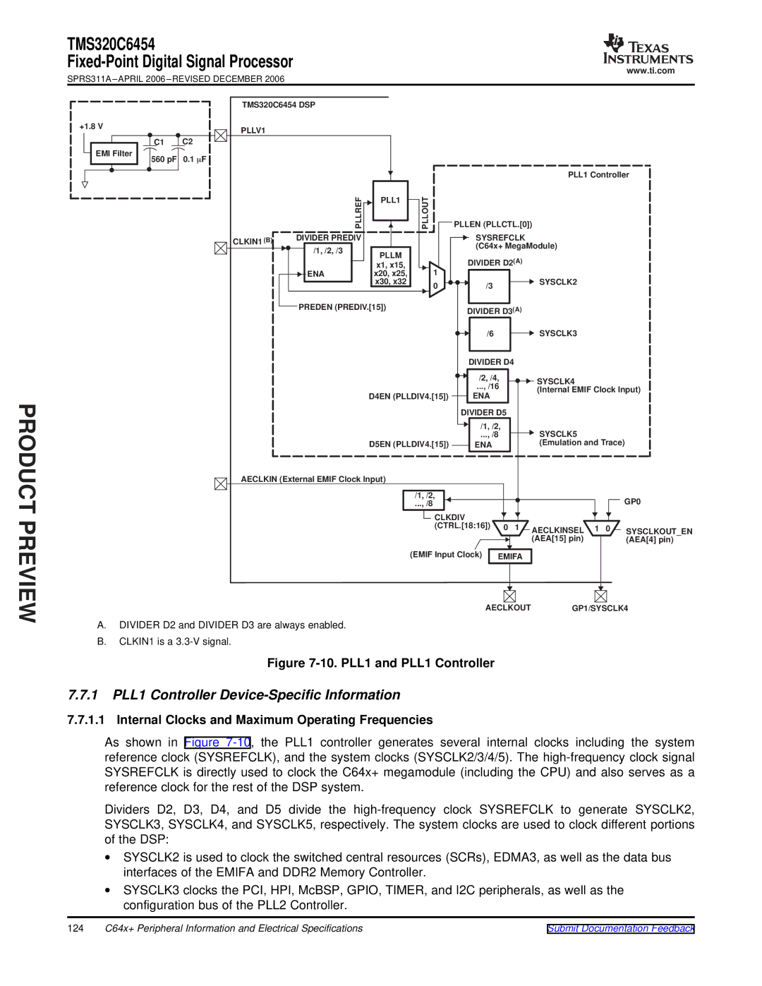 Texas Instruments TMS320C6454 warranty 1 PLL1 Controller Device-Specific Information 