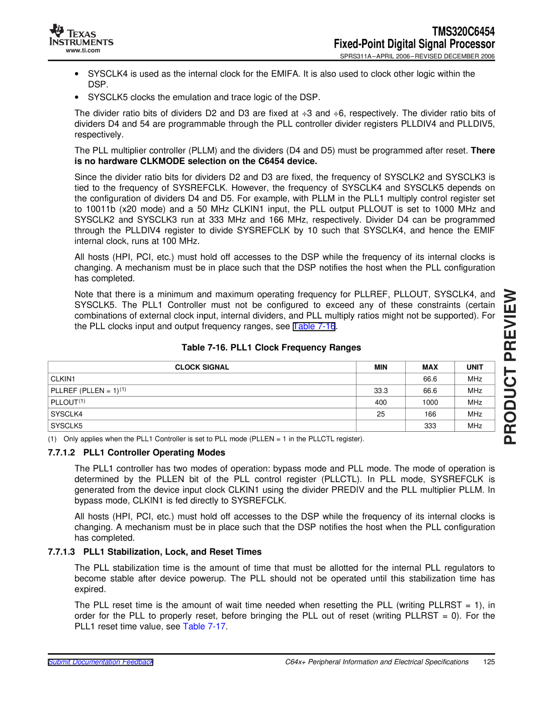 Texas Instruments TMS320C6454 PLL1 Clock Frequency Ranges, 1.2 PLL1 Controller Operating Modes, Clock Signal MIN MAX Unit 