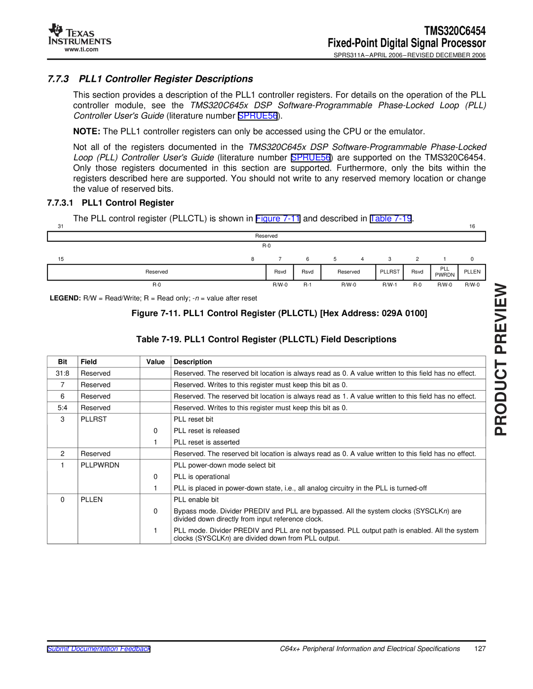 Texas Instruments TMS320C6454 3 PLL1 Controller Register Descriptions, 3.1 PLL1 Control Register, Pllrst, Pllpwrdn, Pllen 