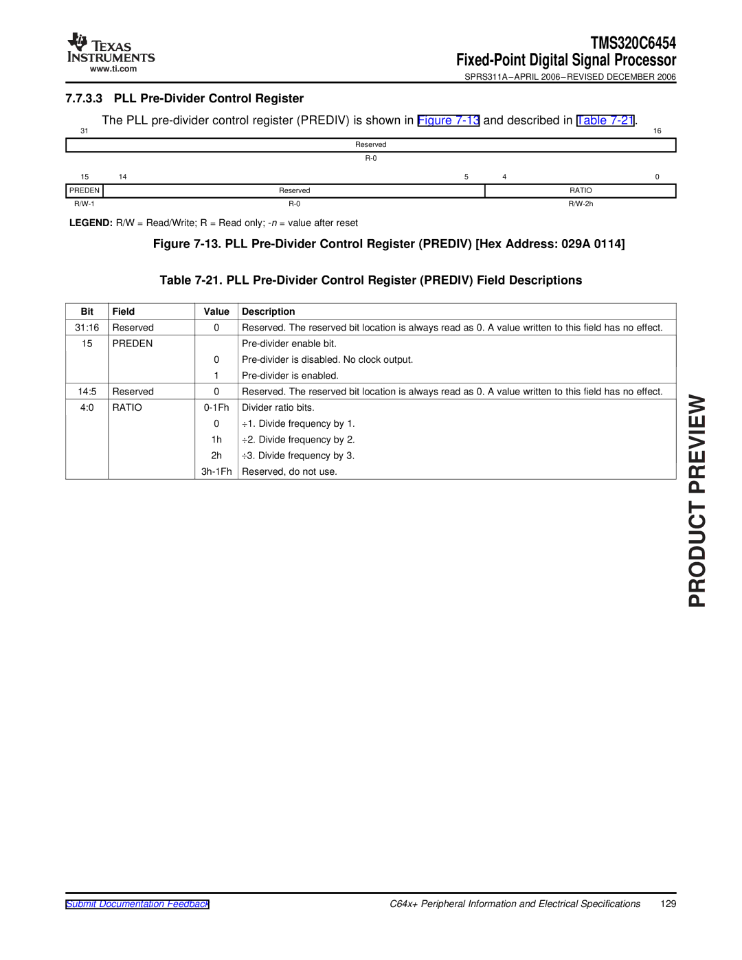 Texas Instruments TMS320C6454 warranty PLL Pre-Divider Control Register, Preden, Ratio 