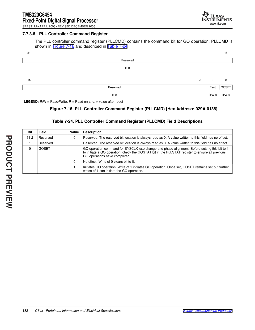 Texas Instruments TMS320C6454 warranty PLL Controller Command Register, Goset 