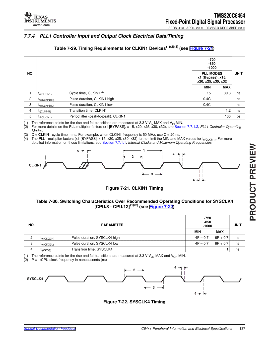 Texas Instruments TMS320C6454 warranty Timing Requirements for CLKIN1 Devices1 2 3 see Figure, 720 850 1000, PLL Modes Unit 