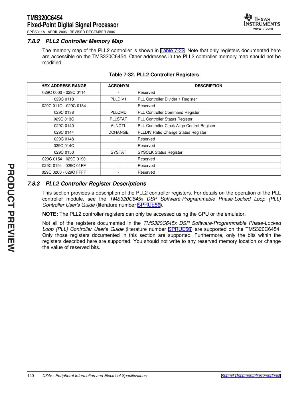 Texas Instruments TMS320C6454 warranty 2 PLL2 Controller Memory Map, 3 PLL2 Controller Register Descriptions, PLLDIV1 