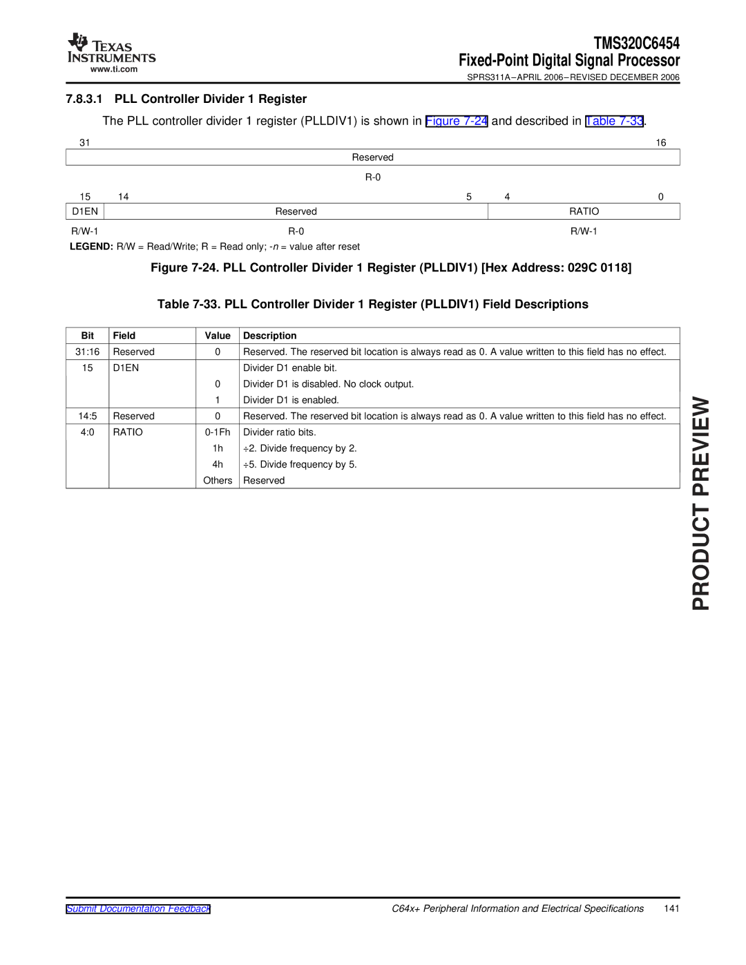 Texas Instruments TMS320C6454 warranty PLL Controller Divider 1 Register, D1EN 