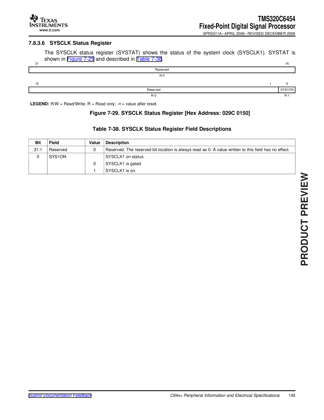 Texas Instruments TMS320C6454 warranty Sysclk Status Register, SYS1ON 