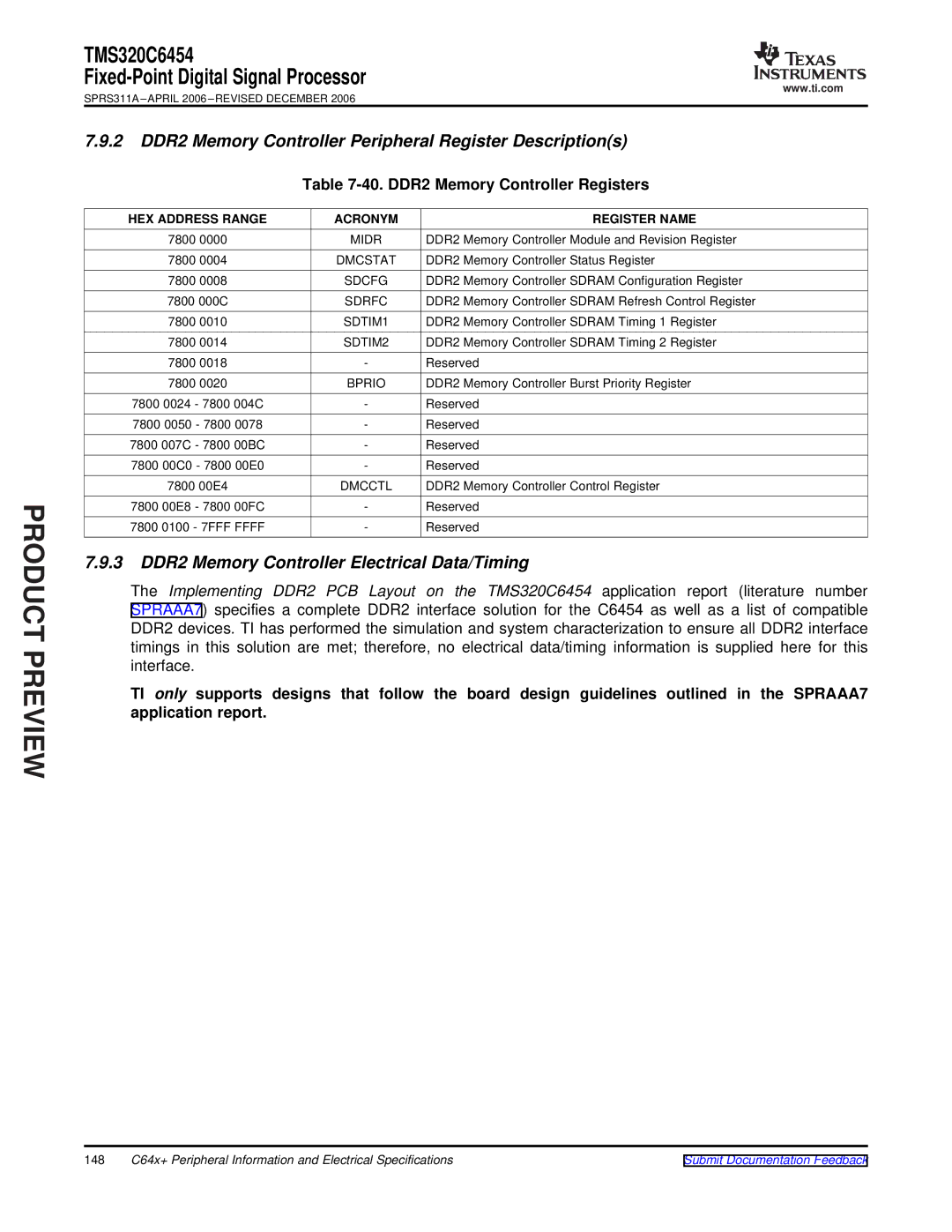 Texas Instruments TMS320C6454 2 DDR2 Memory Controller Peripheral Register Descriptions, DDR2 Memory Controller Registers 