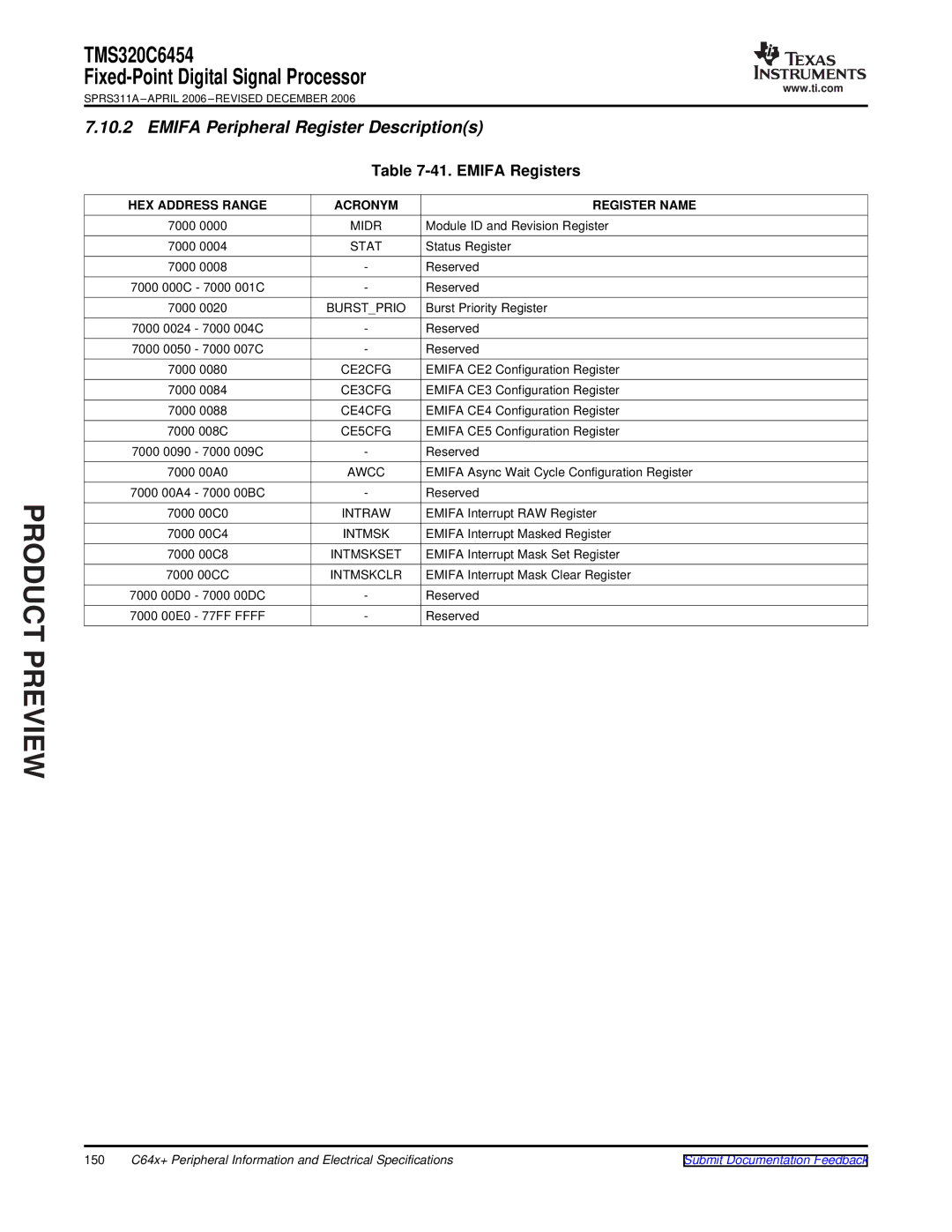 Texas Instruments TMS320C6454 warranty Emifa Peripheral Register Descriptions, Emifa Registers 