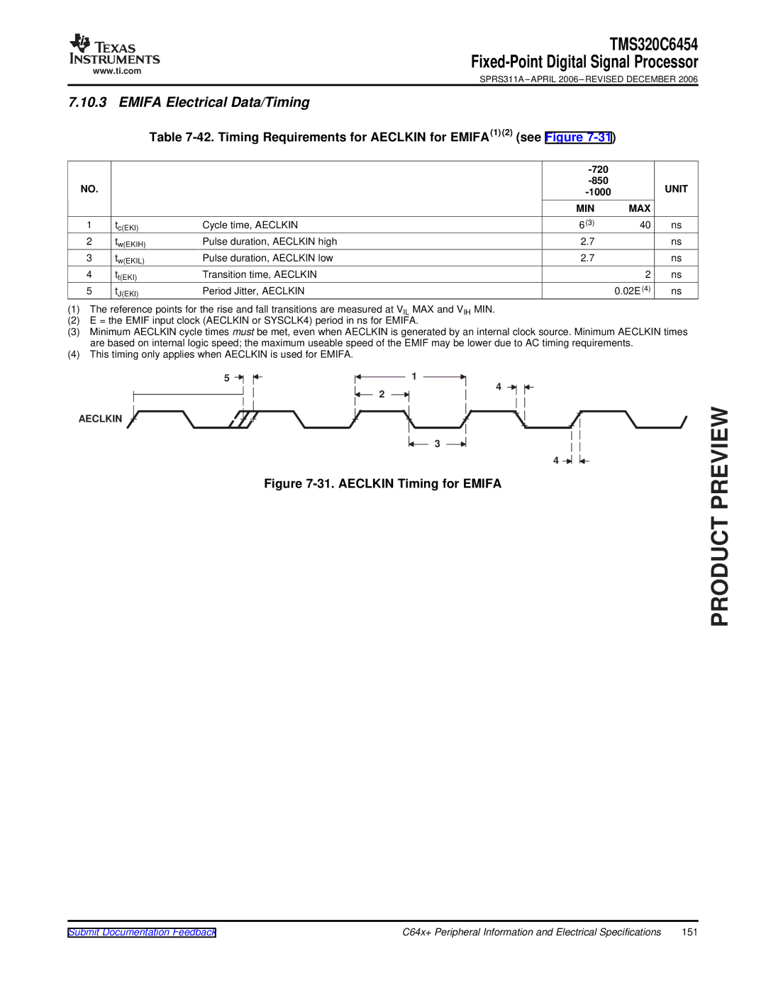 Texas Instruments TMS320C6454 Emifa Electrical Data/Timing, Timing Requirements for Aeclkin for EMIFA1 2 see Figure 