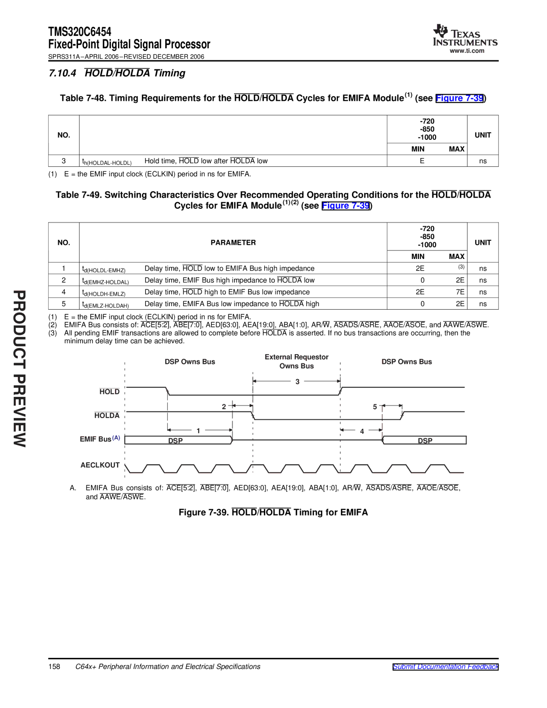 Texas Instruments TMS320C6454 warranty HOLD/HOLDA Timing, HHOLDAL-HOLDL Hold time, Hold low after Holda low, DSP Owns Bus 