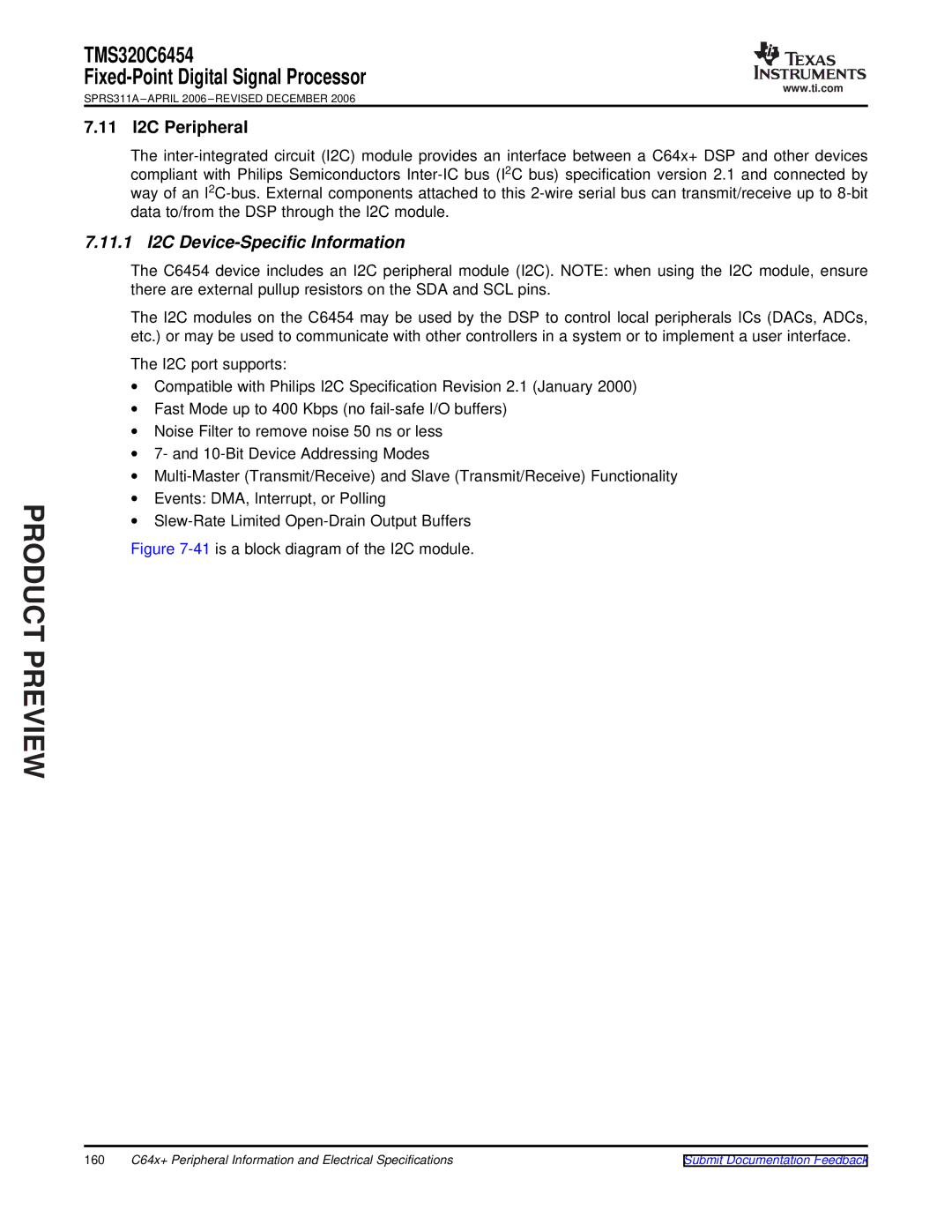 Texas Instruments TMS320C6454 warranty 11 I2C Peripheral, 11.1 I2C Device-Specific Information 