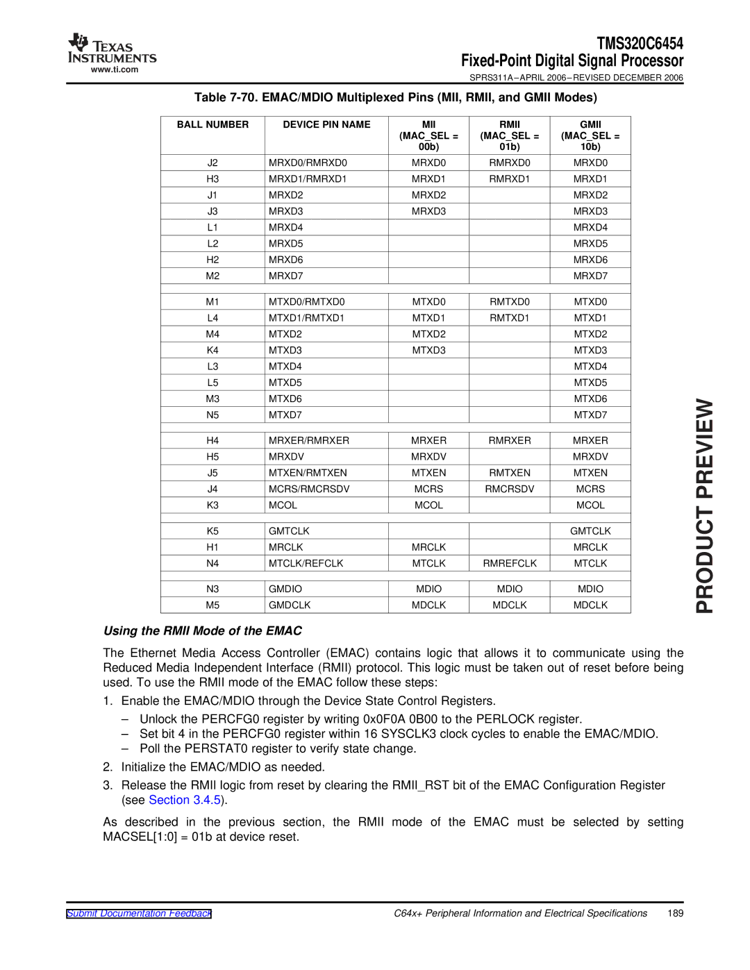 Texas Instruments TMS320C6454 EMAC/MDIO Multiplexed Pins MII, RMII, and Gmii Modes, Ball Number Device PIN Name, Rmii 