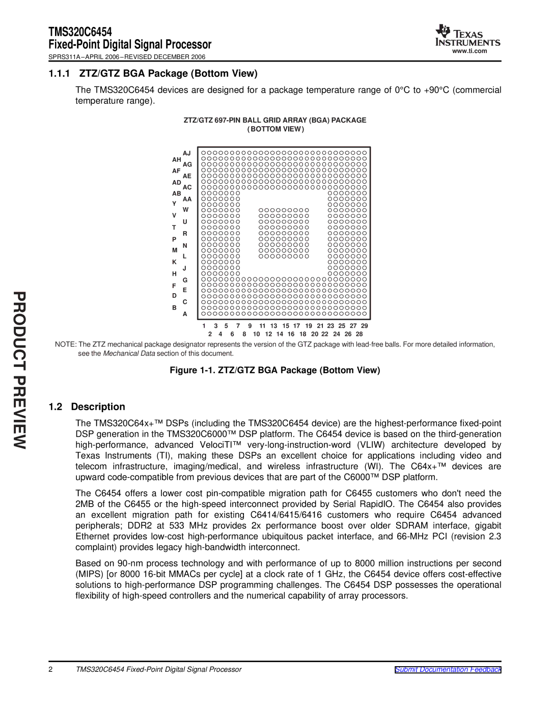 Texas Instruments TMS320C6454 warranty 1 ZTZ/GTZ BGA Package Bottom View, Description 