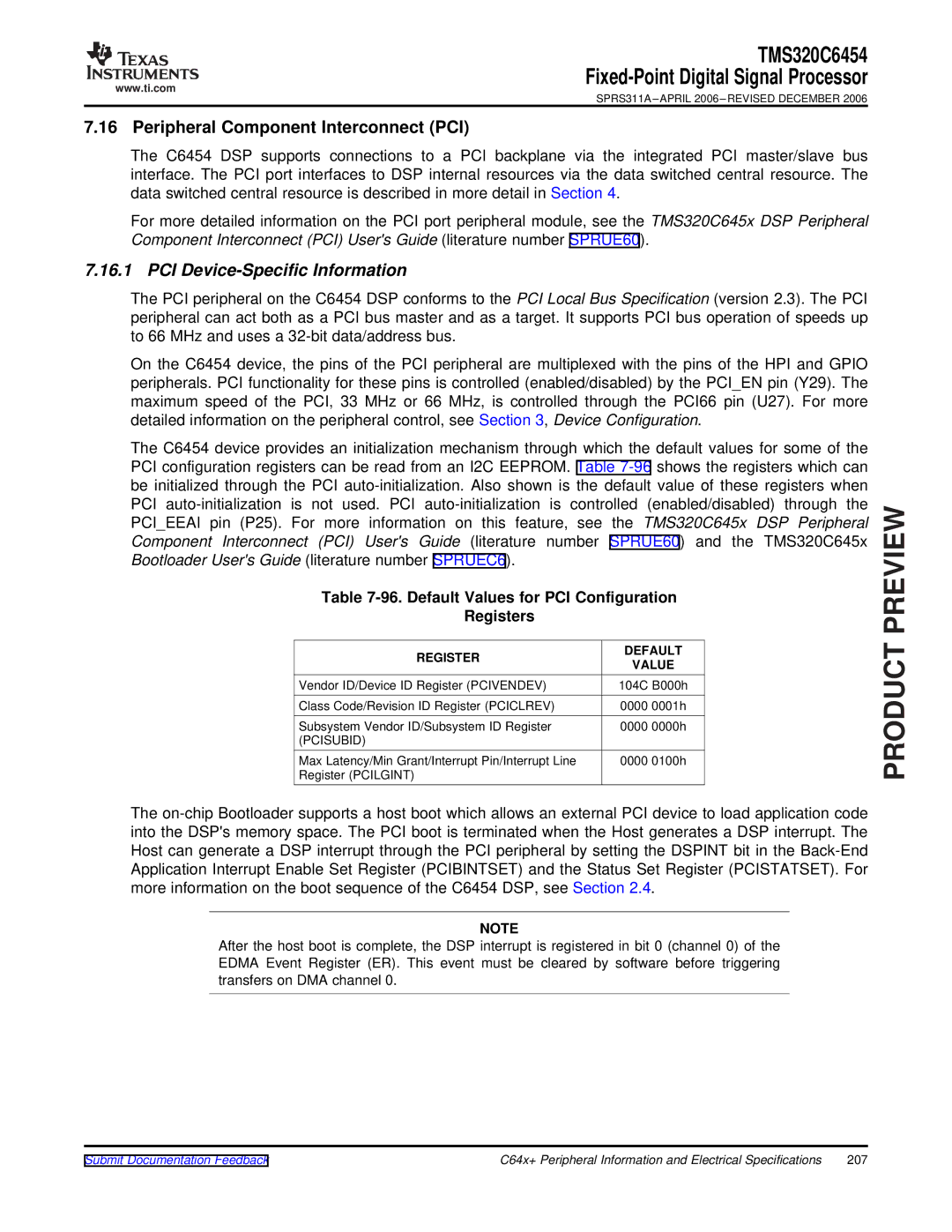 Texas Instruments TMS320C6454 warranty Peripheral Component Interconnect PCI, PCI Device-Specific Information, Pcisubid 