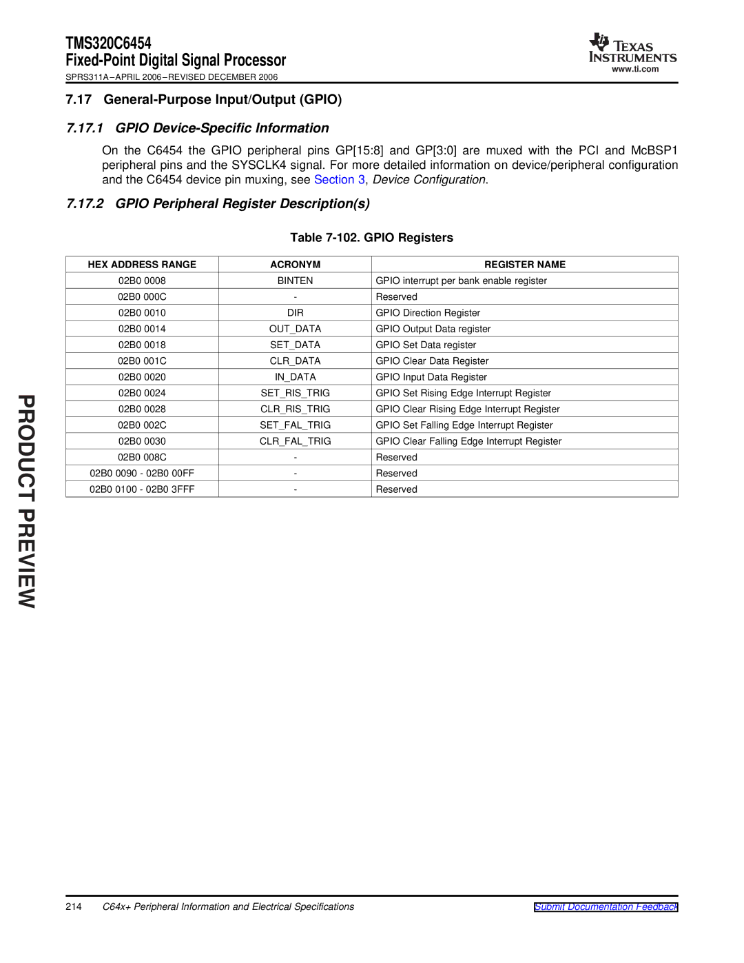 Texas Instruments TMS320C6454 warranty General-Purpose Input/Output Gpio, Gpio Device-Specific Information, Gpio Registers 