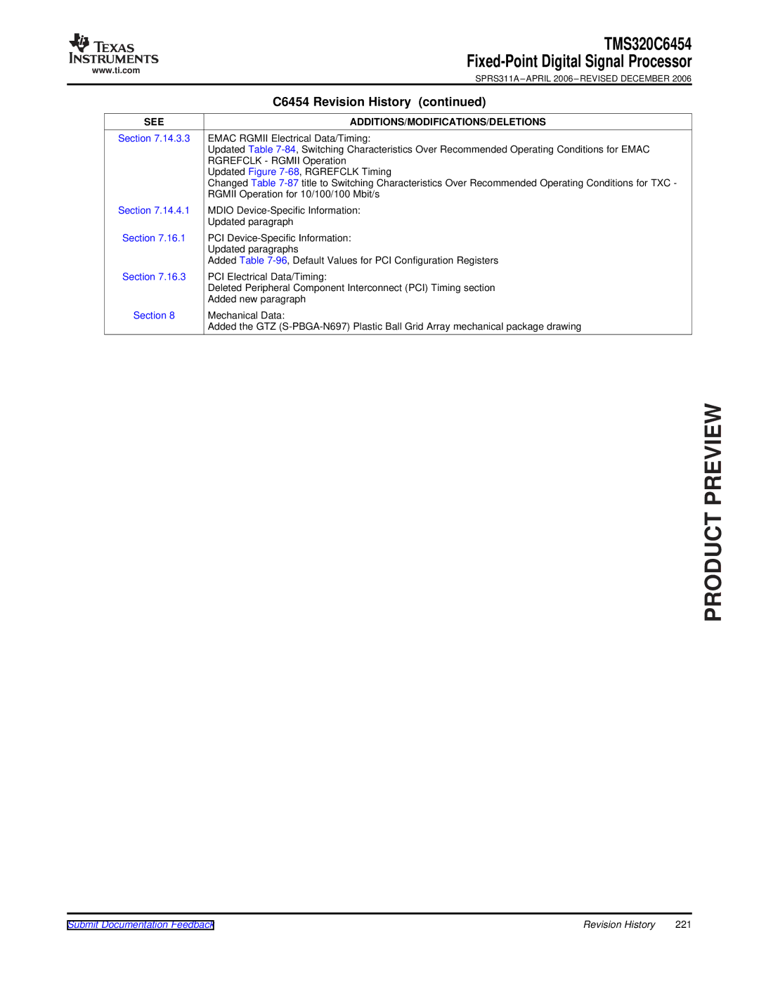 Texas Instruments TMS320C6454 warranty Revision History 221 