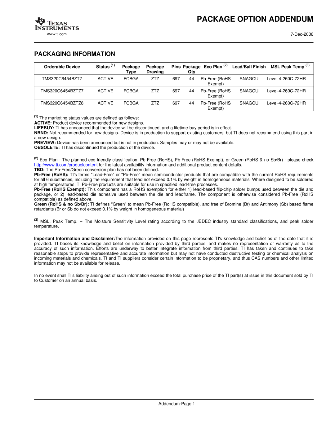 Texas Instruments TMS320C6454 warranty Orderable Device Status Package, Eco Plan, MSL Peak Temp, Qty 