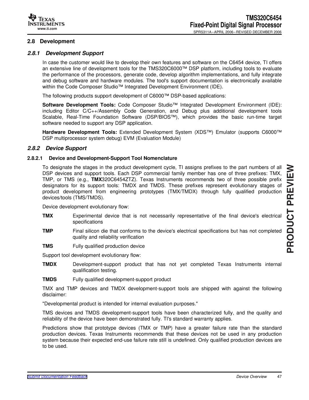 Texas Instruments TMS320C6454 Development Support, Device Support, Device and Development-Support Tool Nomenclature 