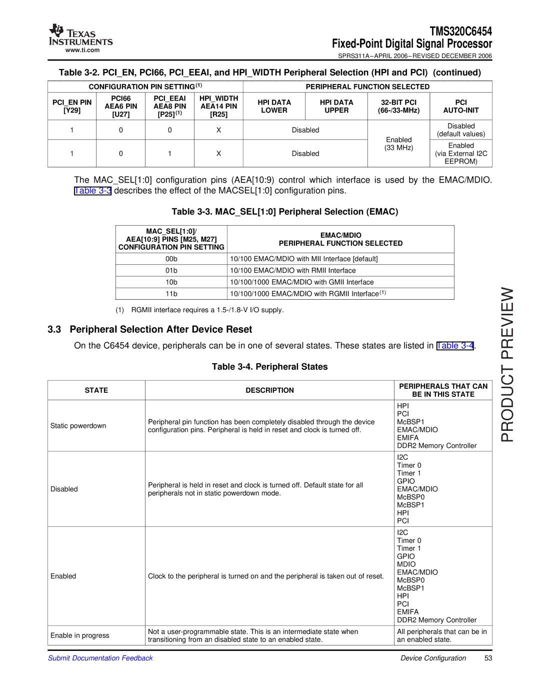 Texas Instruments TMS320C6454 warranty Peripheral Selection After Device Reset, MACSEL10 Peripheral Selection Emac 