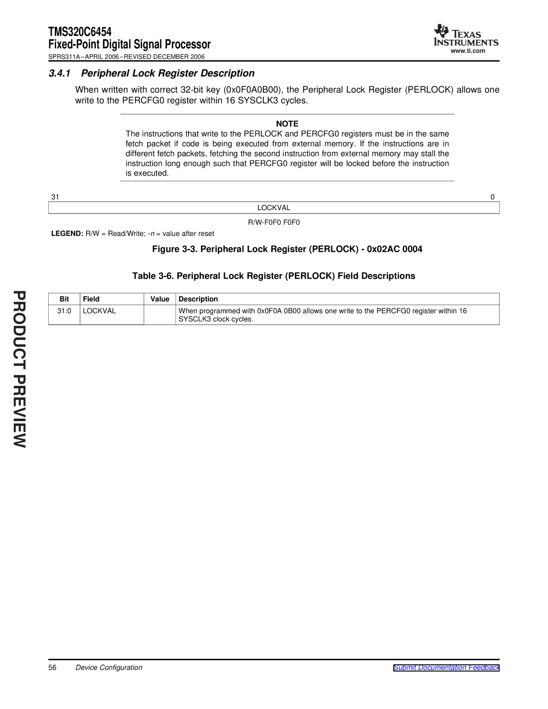 Texas Instruments TMS320C6454 warranty Peripheral Lock Register Description, Lockval, Bit Field Value Description 310 