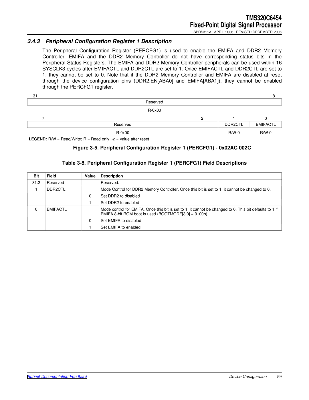 Texas Instruments TMS320C6454 warranty Peripheral Configuration Register 1 Description, DDR2CTL Emifactl 