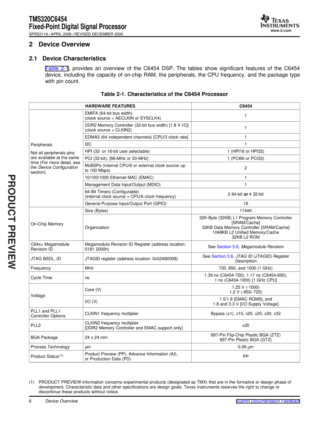 Texas Instruments TMS320C6454 warranty Device Characteristics, Characteristics of the C6454 Processor, Hardware Features 