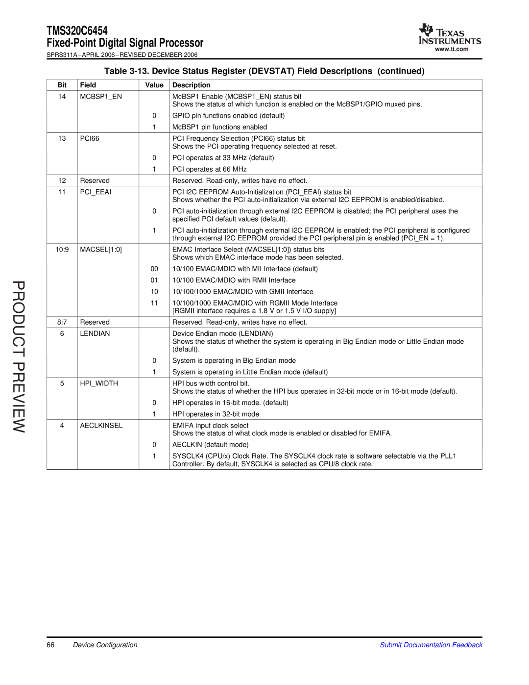 Texas Instruments TMS320C6454 warranty Bit Field Value Description, Pcieeai, MACSEL10, Lendian 