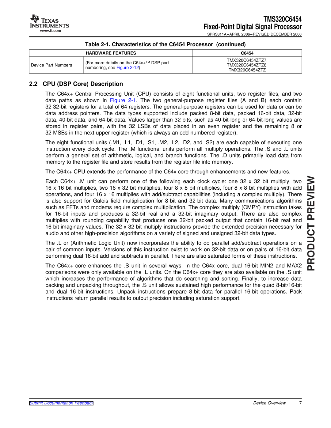 Texas Instruments TMS320C6454 warranty CPU DSP Core Description, Fixed-Point Digital Signal Processor 
