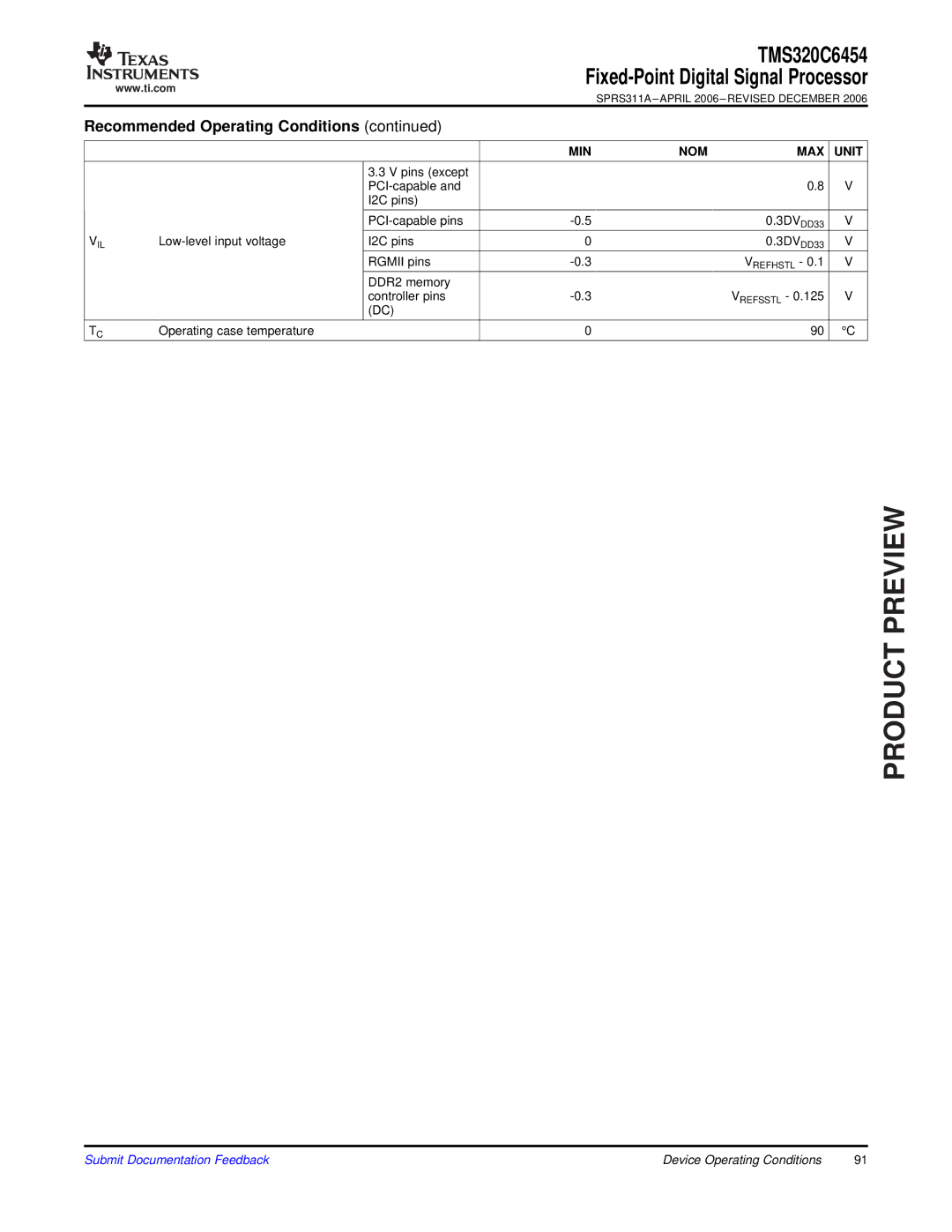 Texas Instruments TMS320C6454 warranty Recommended Operating Conditions, MIN NOM MAX Unit 