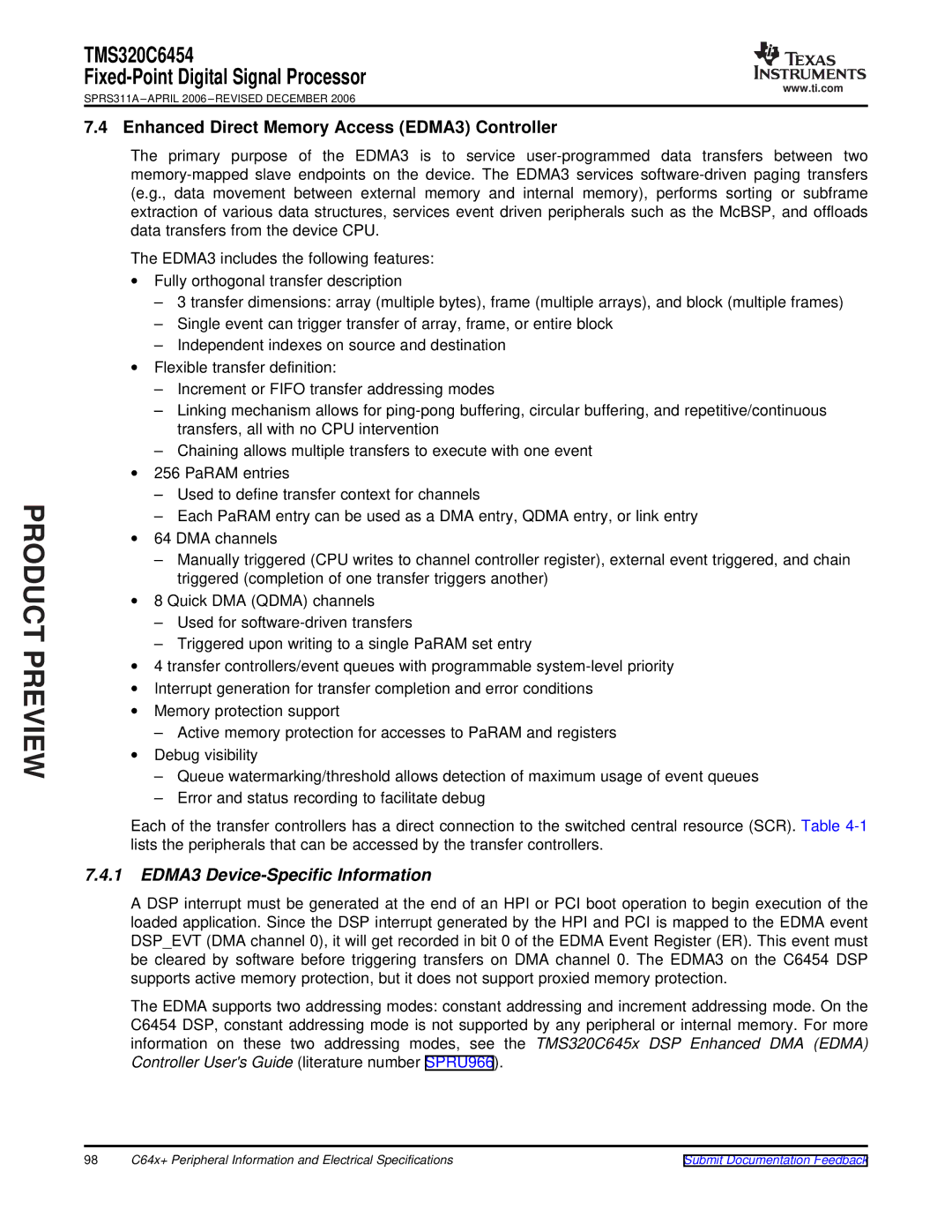 Texas Instruments TMS320C6454 warranty Enhanced Direct Memory Access EDMA3 Controller, EDMA3 Device-Specific Information 
