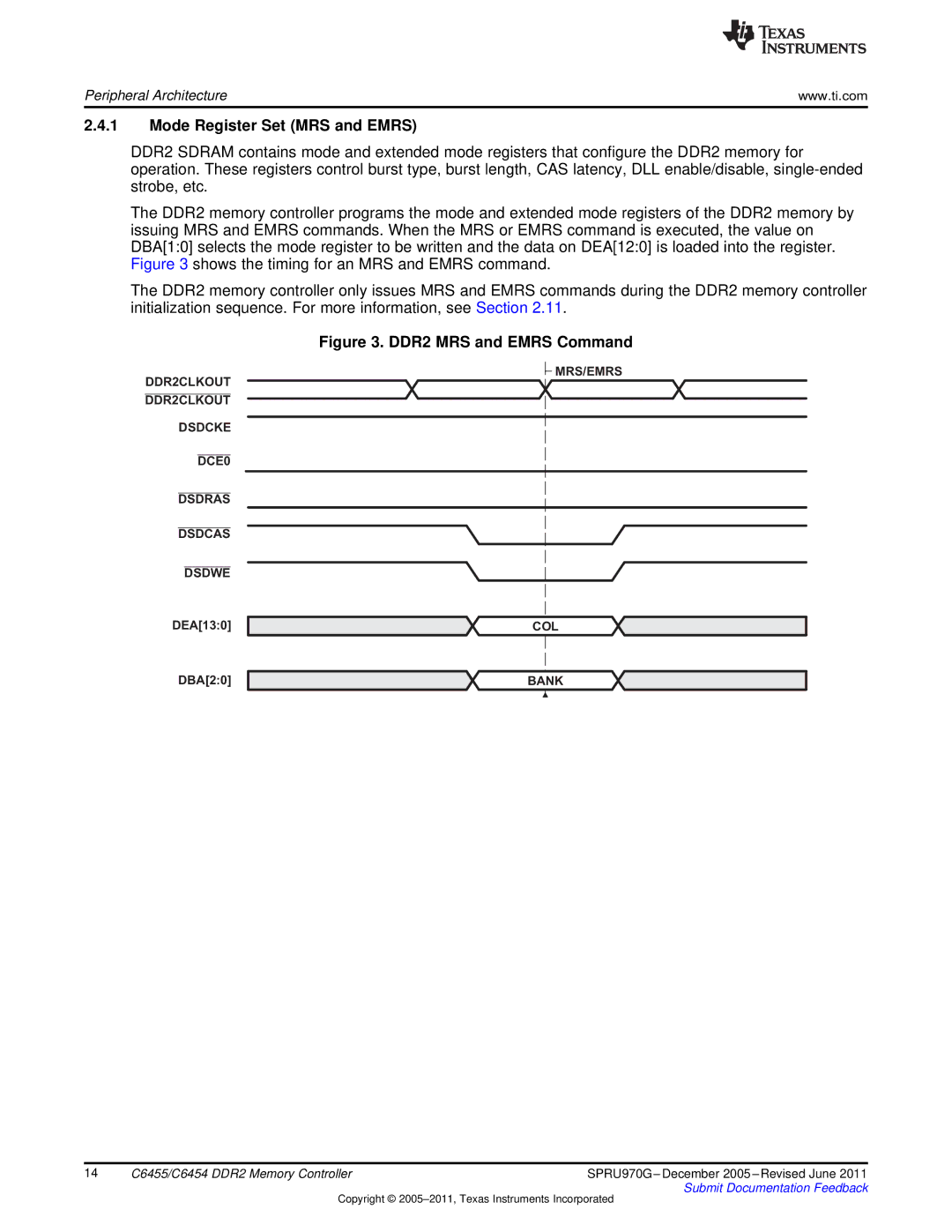 Texas Instruments TMS320C6455 manual Mode Register Set MRS and Emrs, DDR2 MRS and Emrs Command 