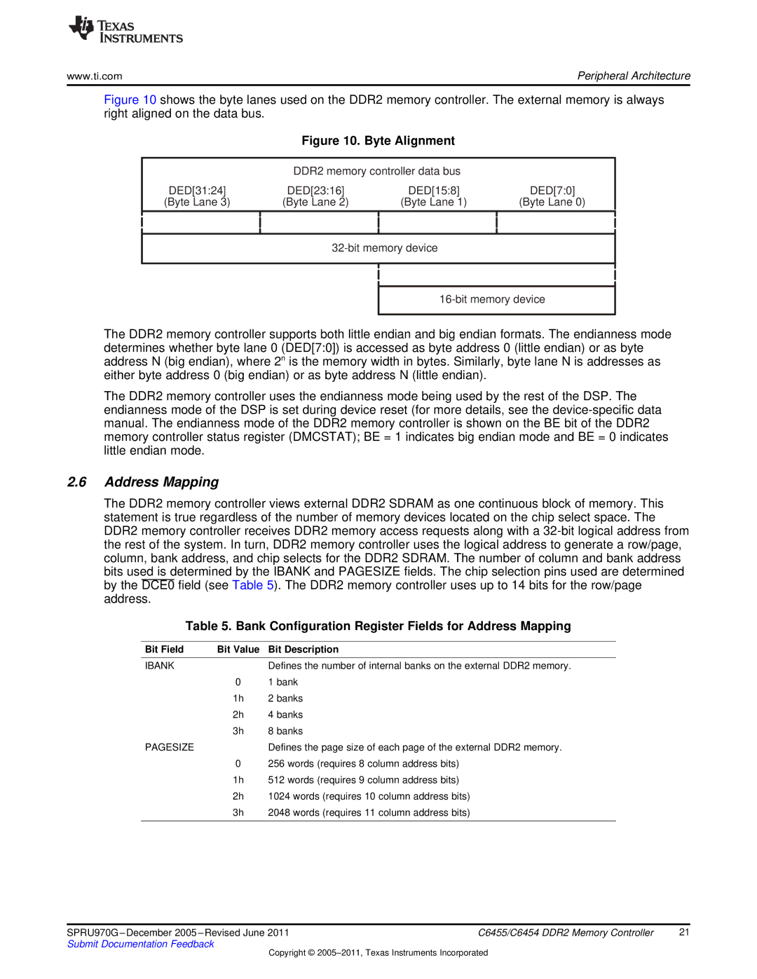 Texas Instruments TMS320C6455 manual Bank Configuration Register Fields for Address Mapping, Ibank, Pagesize 