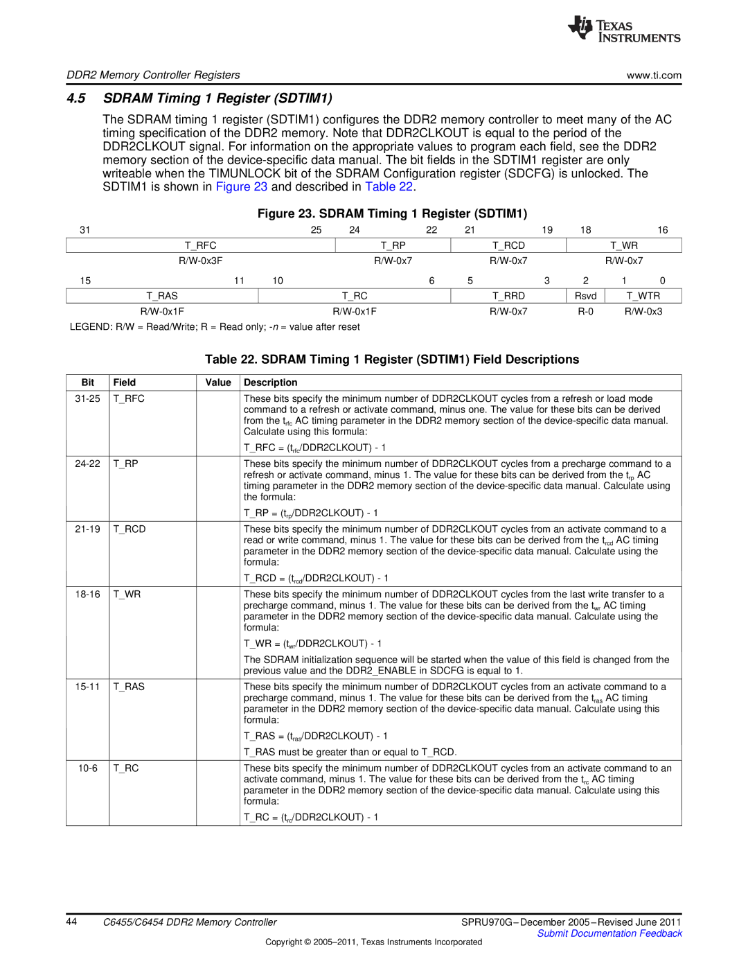 Texas Instruments TMS320C6455 Sdram Timing 1 Register SDTIM1 Field Descriptions, Trfc TRP Trcd TWR, Tras TRC Trrd 