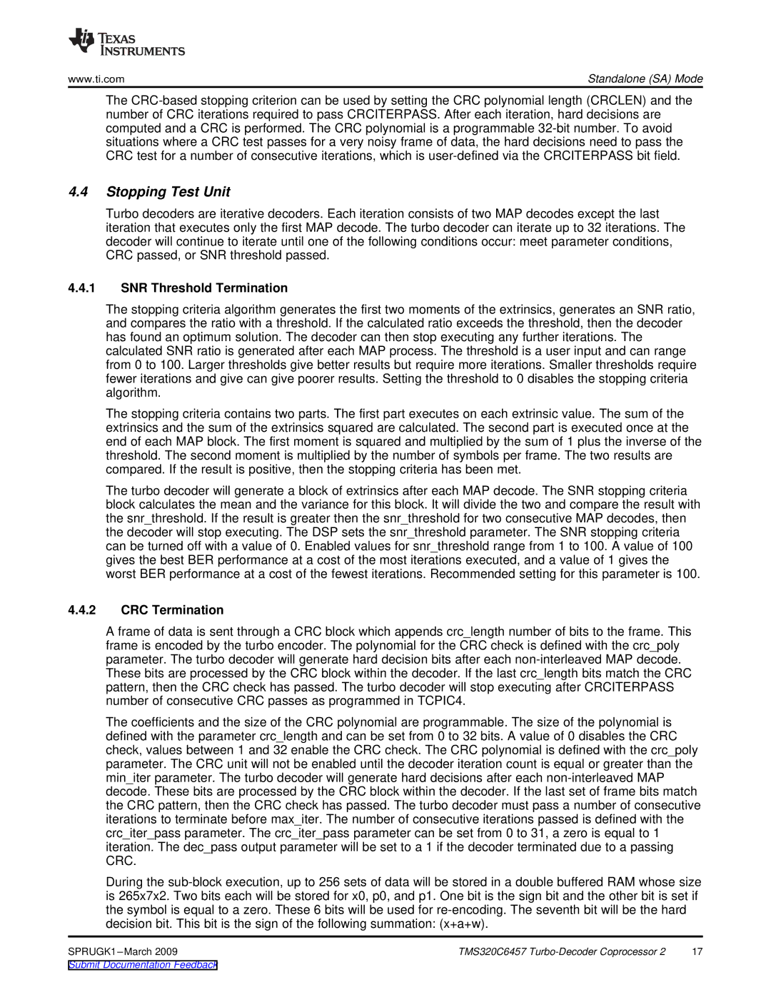 Texas Instruments TMS320C6457 DSP manual Stopping Test Unit, SNR Threshold Termination, CRC Termination 