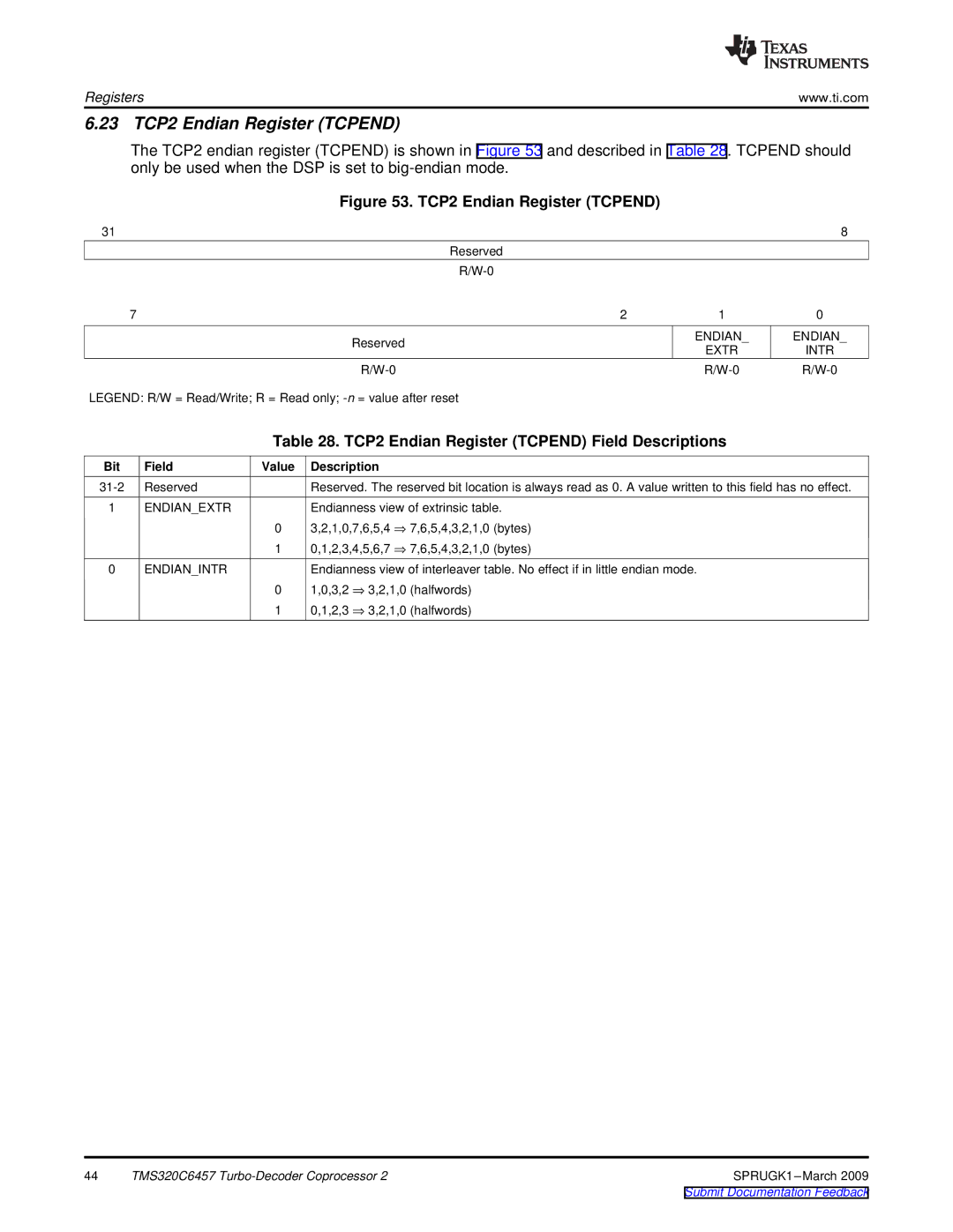 Texas Instruments TMS320C6457 DSP manual 23 TCP2 Endian Register Tcpend, TCP2 Endian Register Tcpend Field Descriptions 