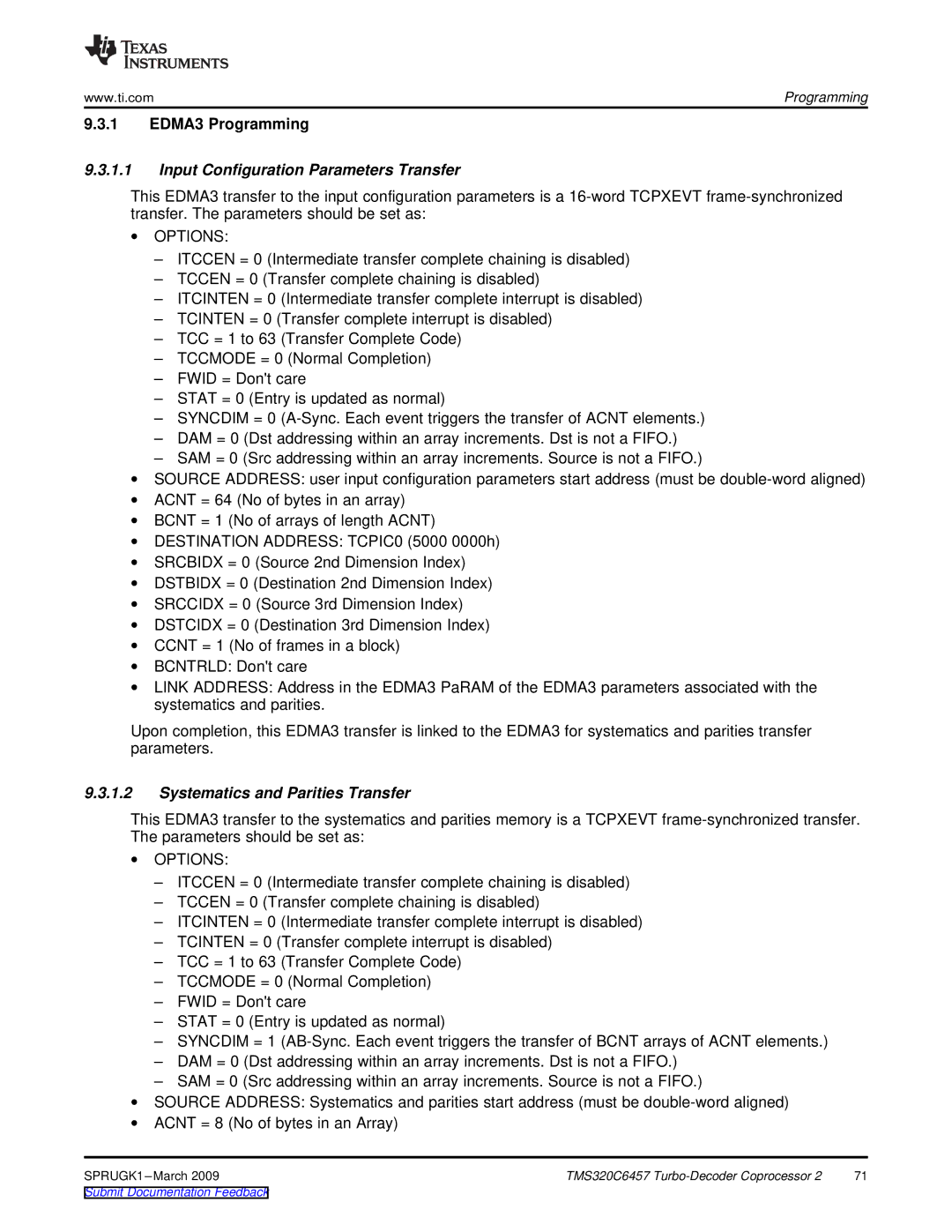 Texas Instruments TMS320C6457 DSP manual Input Configuration Parameters Transfer 