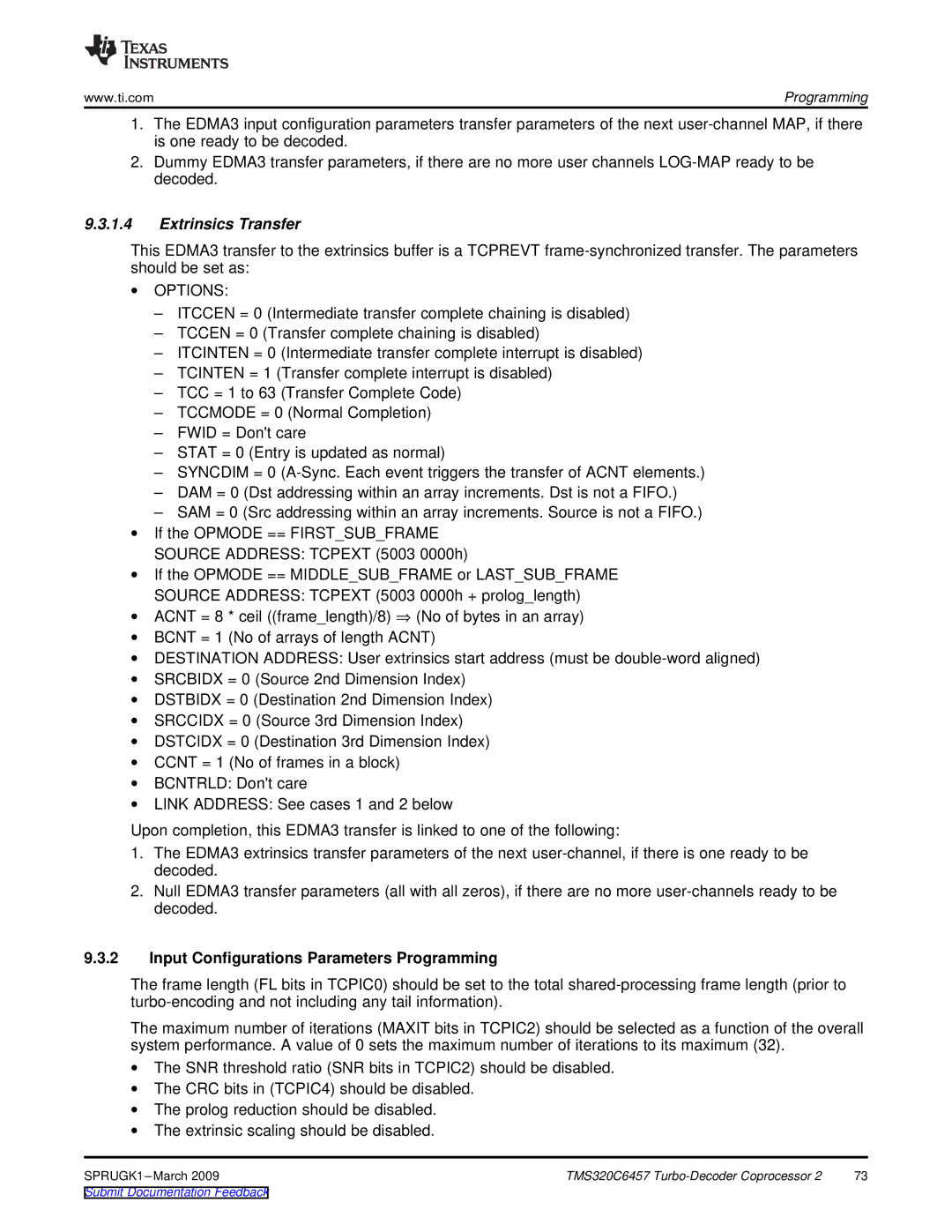 Texas Instruments TMS320C6457 DSP manual Extrinsics Transfer, Input Configurations Parameters Programming 