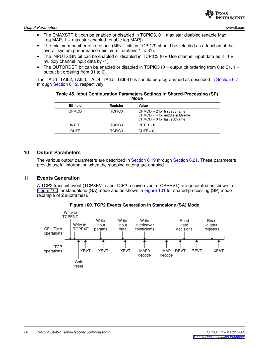 Texas Instruments TMS320C6457 DSP manual Output Parameters, Events Generation, Inter TCPIC0 Inter = Outf 