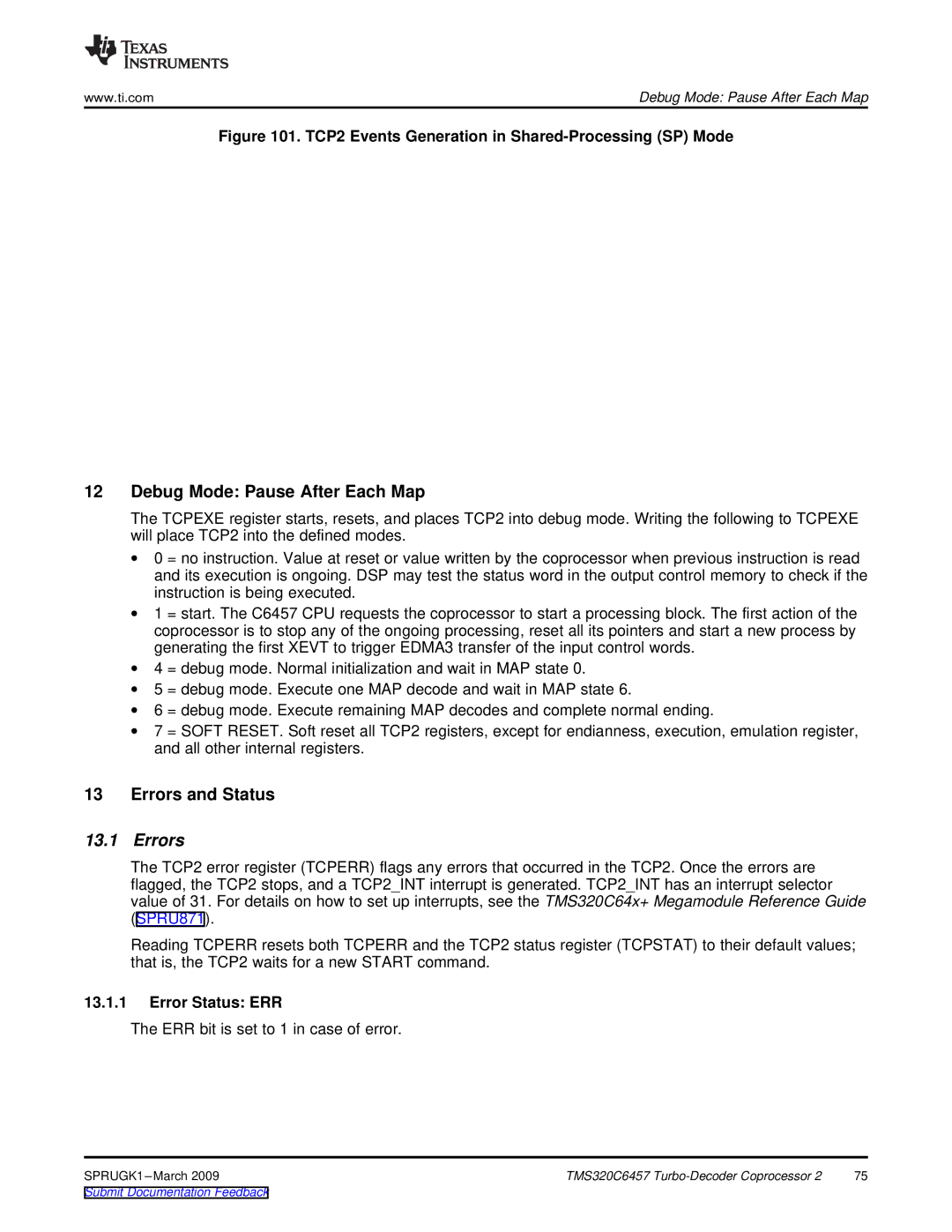 Texas Instruments TMS320C6457 DSP manual Debug Mode Pause After Each Map, Errors and Status, Error Status ERR 