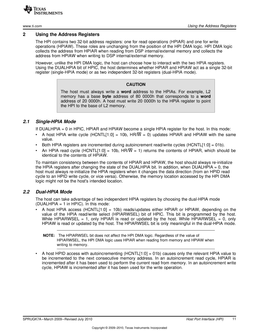 Texas Instruments TMS320C6457 manual Using the Address Registers, Single-HPIA Mode, Dual-HPIA Mode 