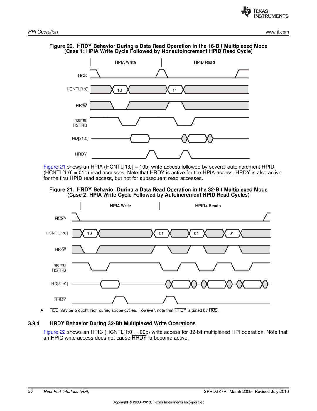 Texas Instruments TMS320C6457 manual Hrdy Behavior During 32-Bit Multiplexed Write Operations, Hpia Write, Hpid Read, Hcsa 