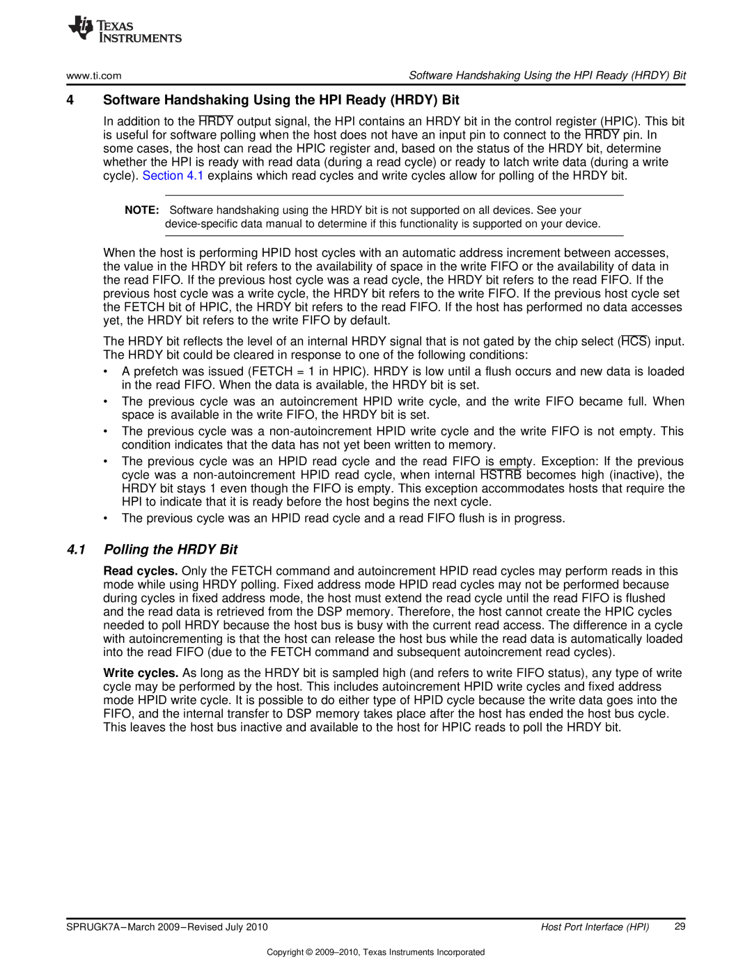 Texas Instruments TMS320C6457 manual Software Handshaking Using the HPI Ready Hrdy Bit, Polling the Hrdy Bit 