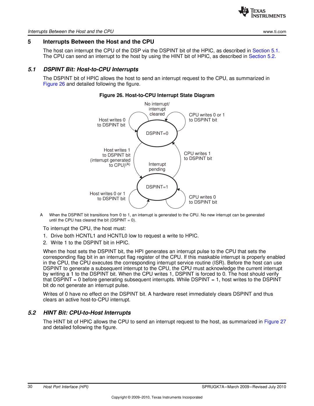 Texas Instruments TMS320C6457 manual Interrupts Between the Host and the CPU, Dspint Bit Host-to-CPU Interrupts, DSPINT=0 