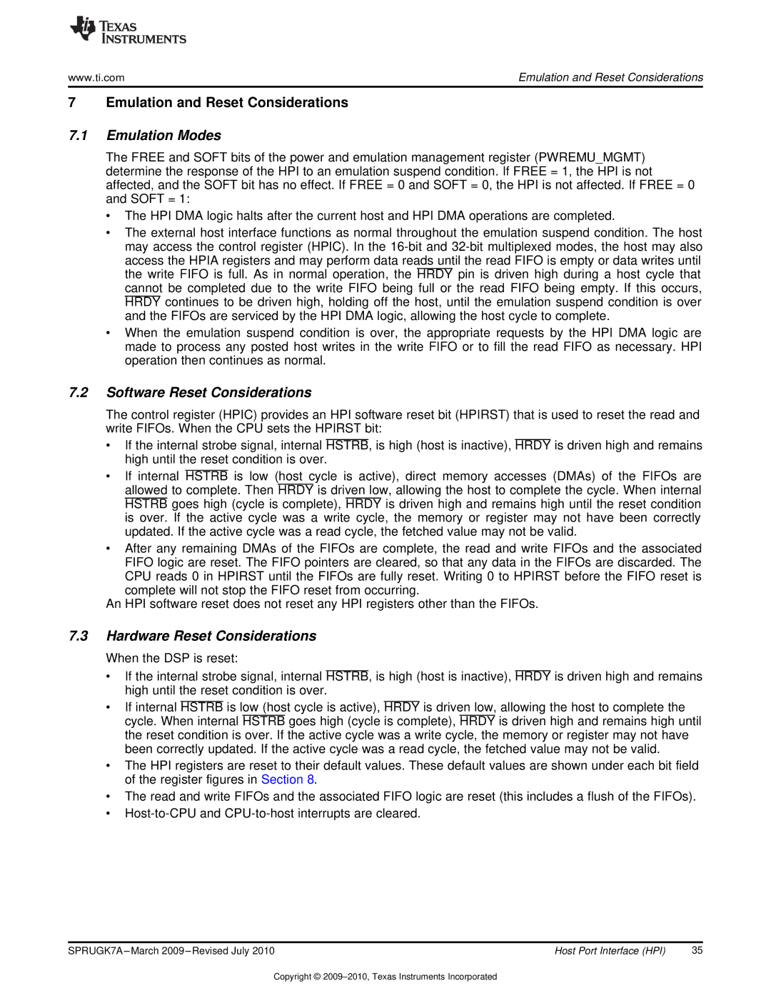 Texas Instruments TMS320C6457 manual Emulation and Reset Considerations, Emulation Modes, Software Reset Considerations 