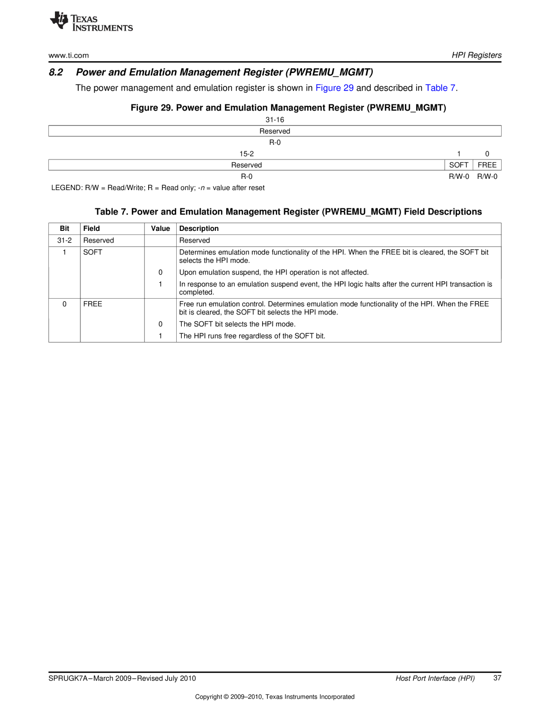 Texas Instruments TMS320C6457 manual Power and Emulation Management Register Pwremumgmt, Soft Free R/W-0 R/W-0 