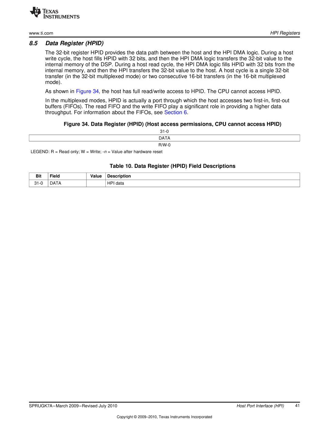 Texas Instruments TMS320C6457 manual Data Register Hpid Field Descriptions, HPI data 