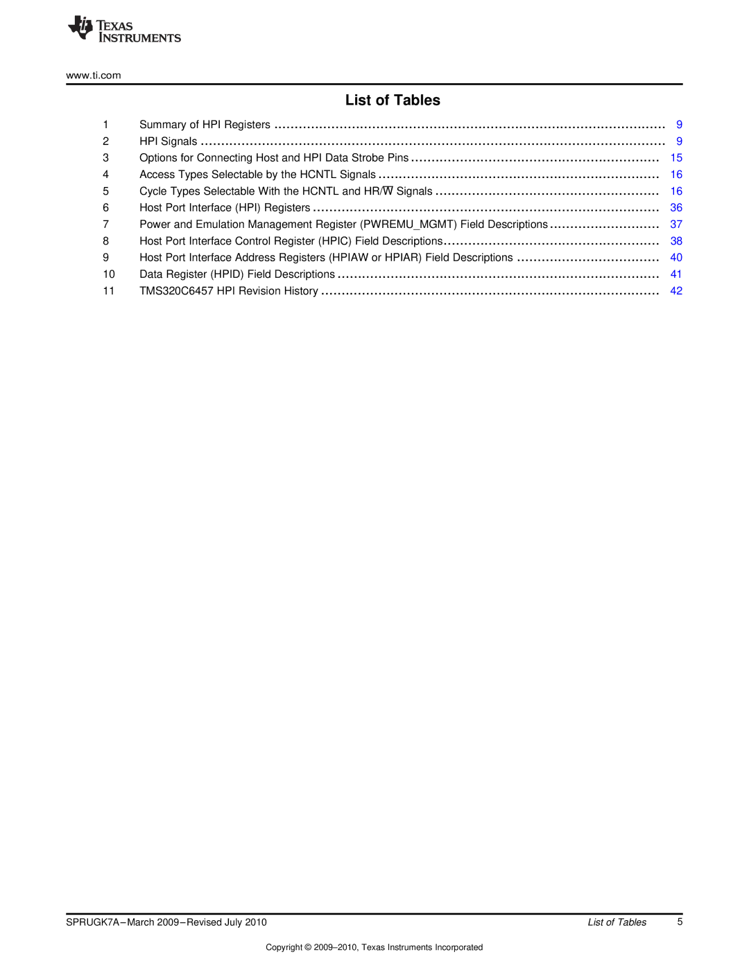 Texas Instruments TMS320C6457 manual List of Tables 