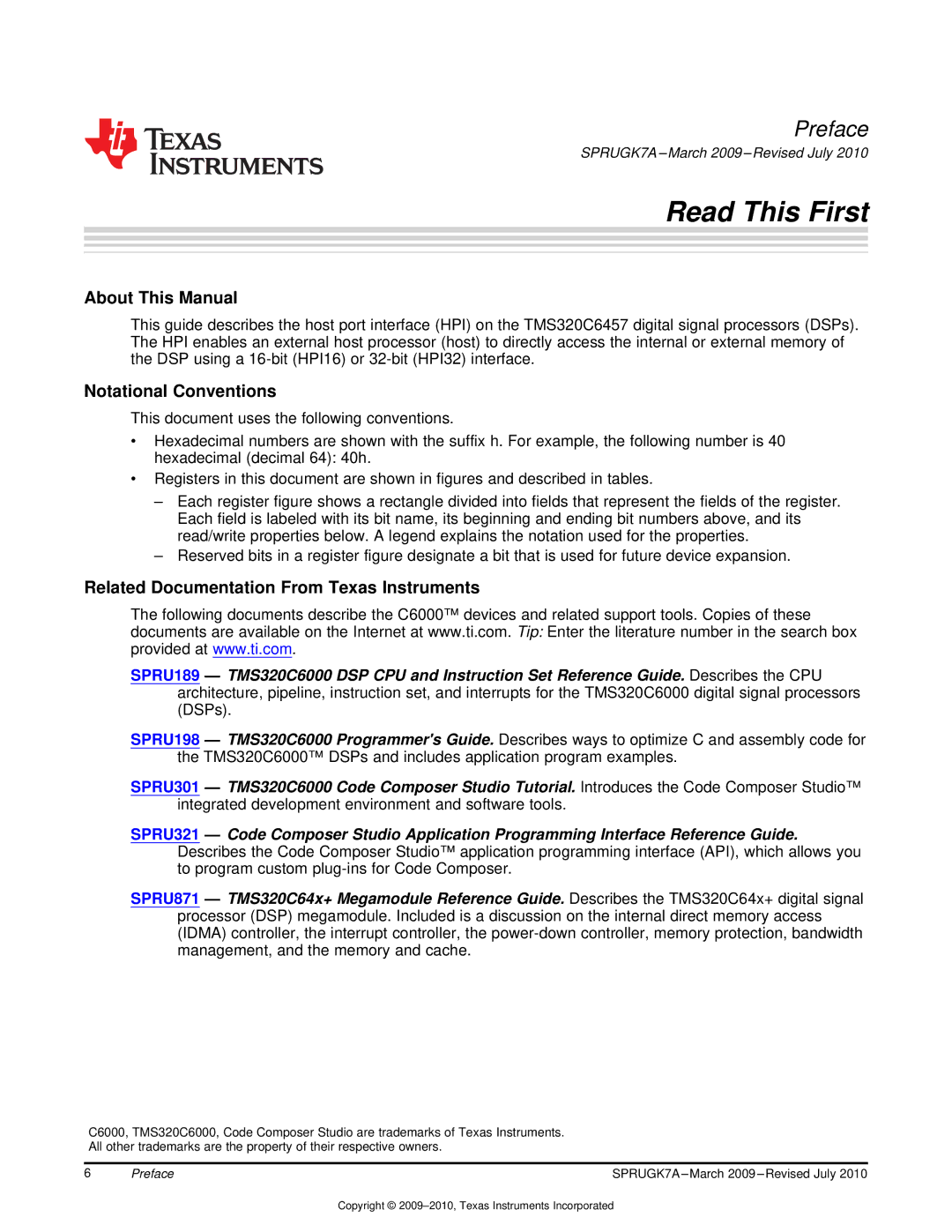 Texas Instruments TMS320C6457 About This Manual, Notational Conventions, Related Documentation From Texas Instruments 