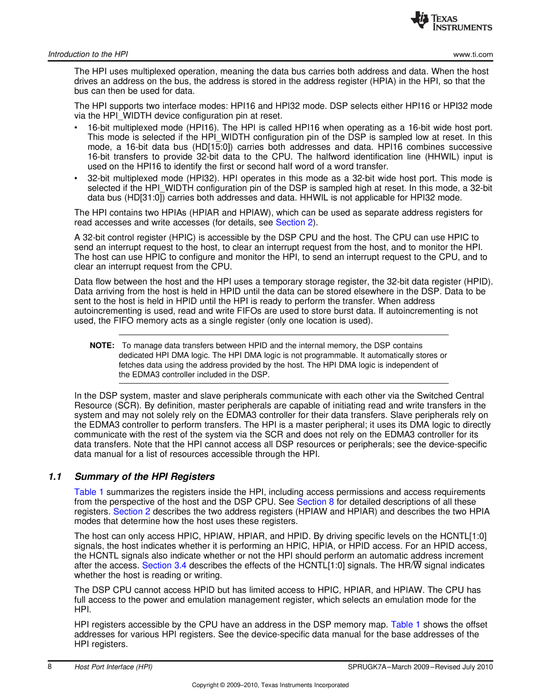 Texas Instruments TMS320C6457 manual Summary of the HPI Registers 