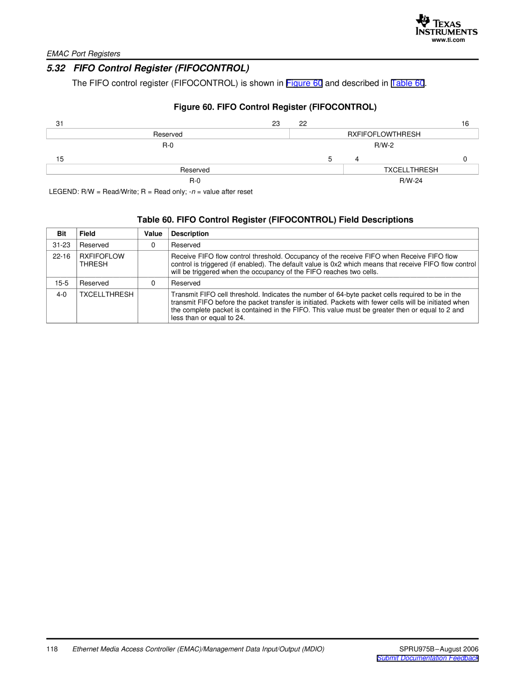 Texas Instruments TMS320C645x DSP Fifo Control Register Fifocontrol Field Descriptions, Rxfifoflowthresh, Txcellthresh 